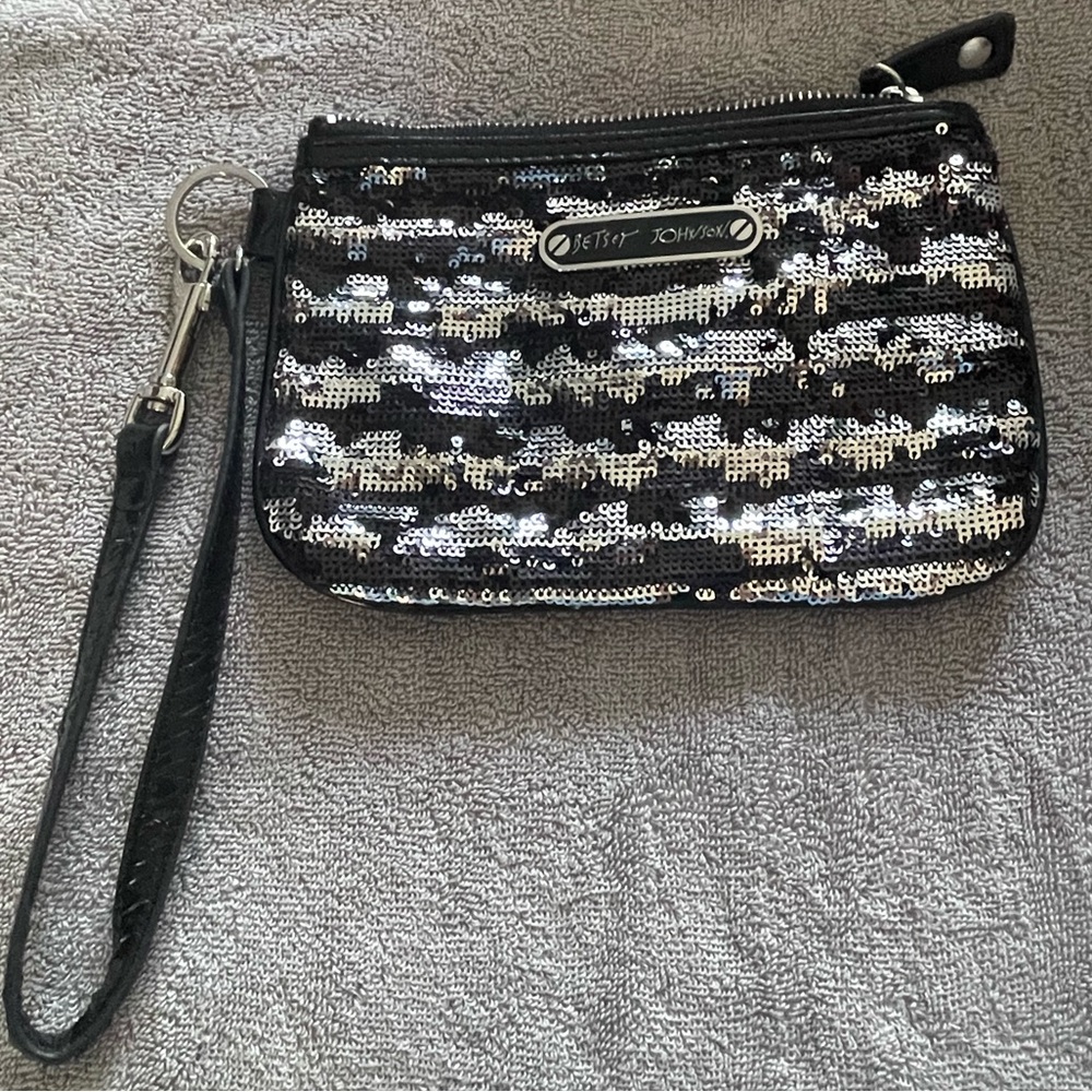 Betsey Johnson Black silver sequined wristlet